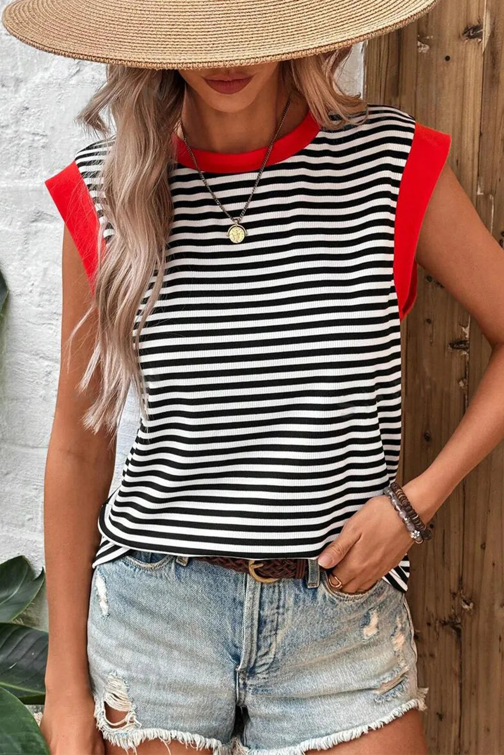 Black Stripe Colorblock Edge Round Neck Tank Top - Chic Meadow Boutique 