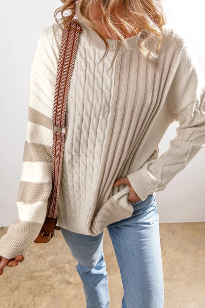 Khaki Cable Knit Colorblock Crew Neck Drop Shoulder Sweater - Chic Meadow Boutique 