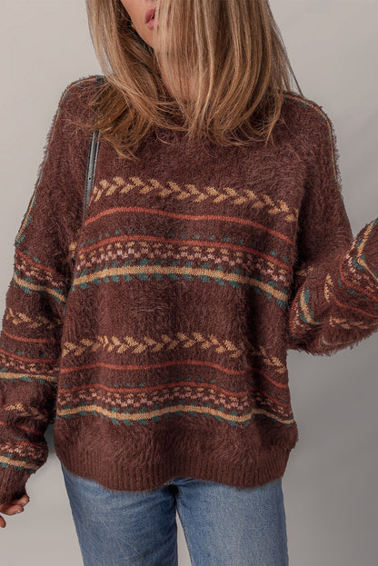 Brown Ethnic Pattern Mohair Knitted Drop Shoulder Sweater