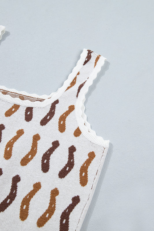 White Western Leopard/ Horseshoe Printed Scalloped Trim Square Neck Sweater Vest