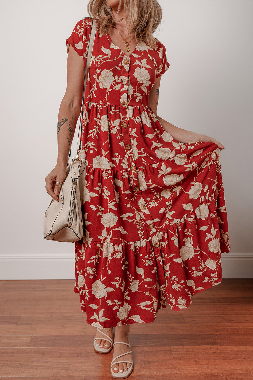Red Floral Print Buttoned Front V Neck Tiered Short Sleeve Midi Dress