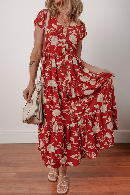 Red Floral Print Buttoned Front V Neck Tiered Short Sleeve Midi Dress
