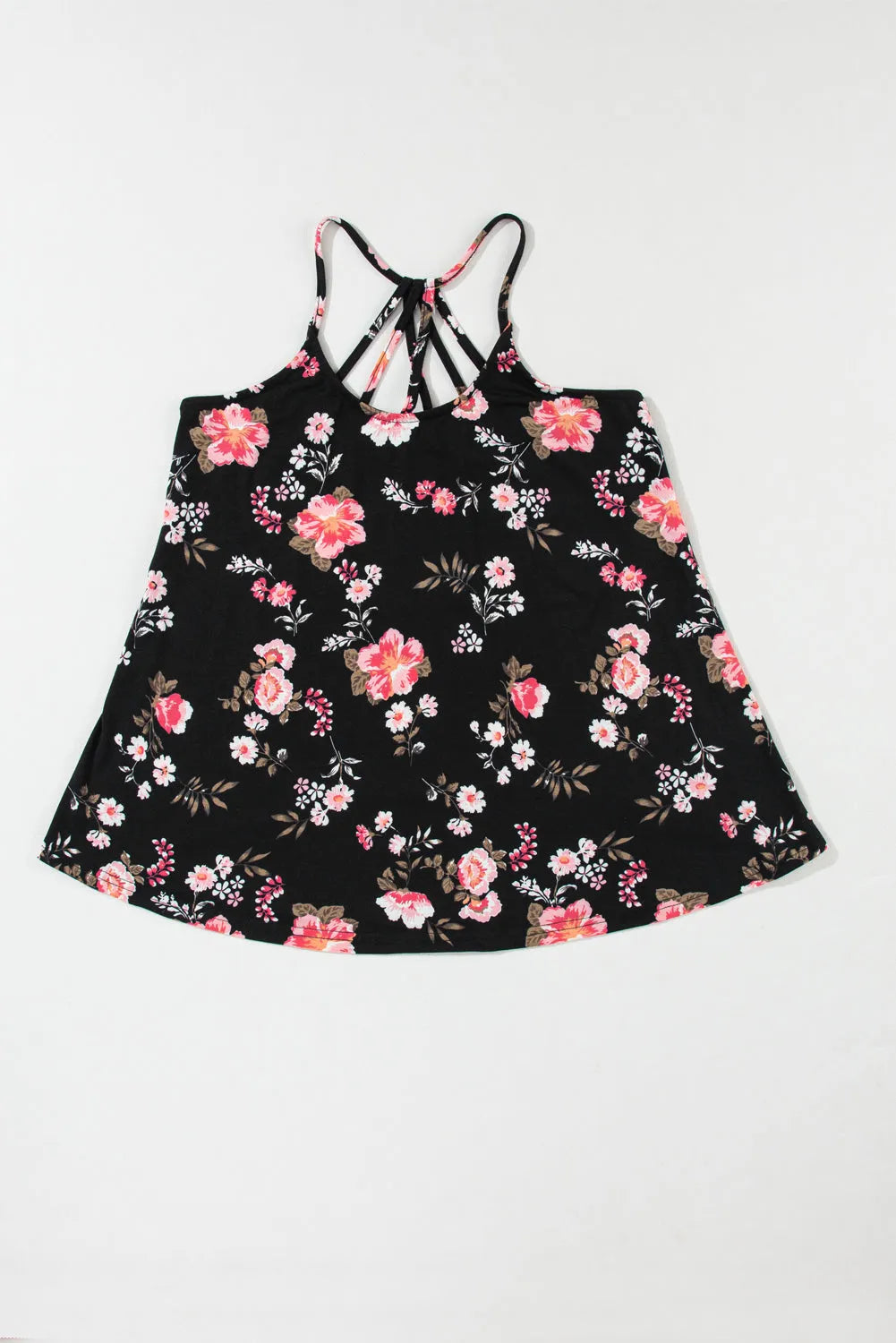 Black Floral Spaghetti Straps Strappy Back Tank Top - Chic Meadow Boutique 