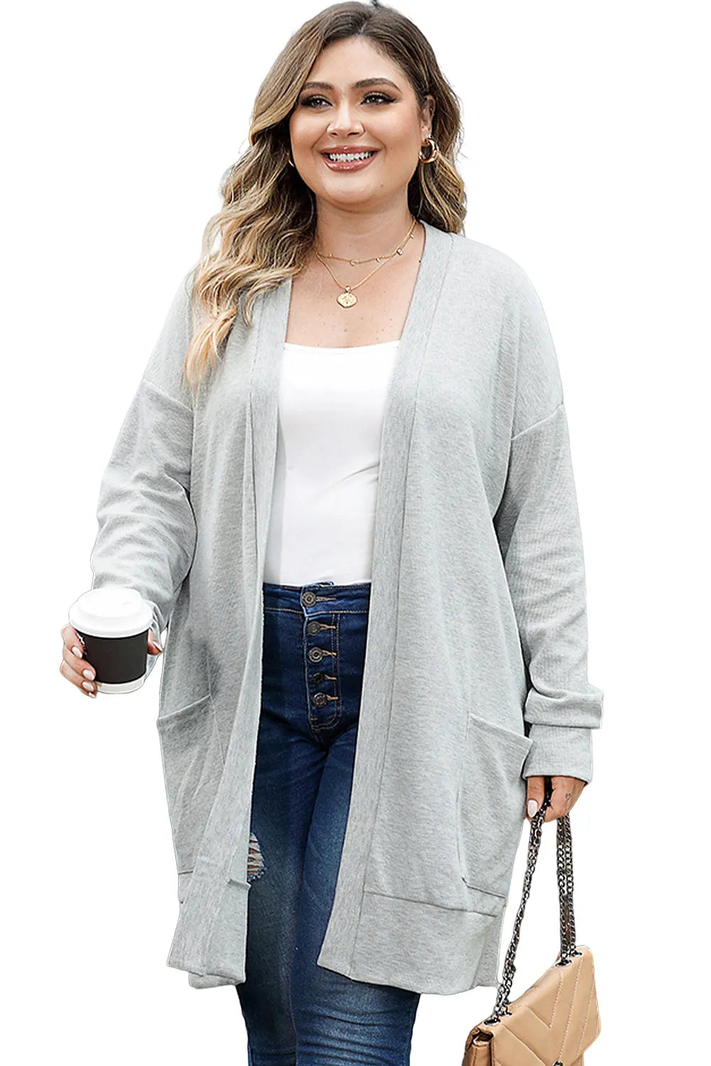 Plus Size/Plus Size Sweaters & Cardigans Thermal Knit Pocketed Plus Size Cardigan