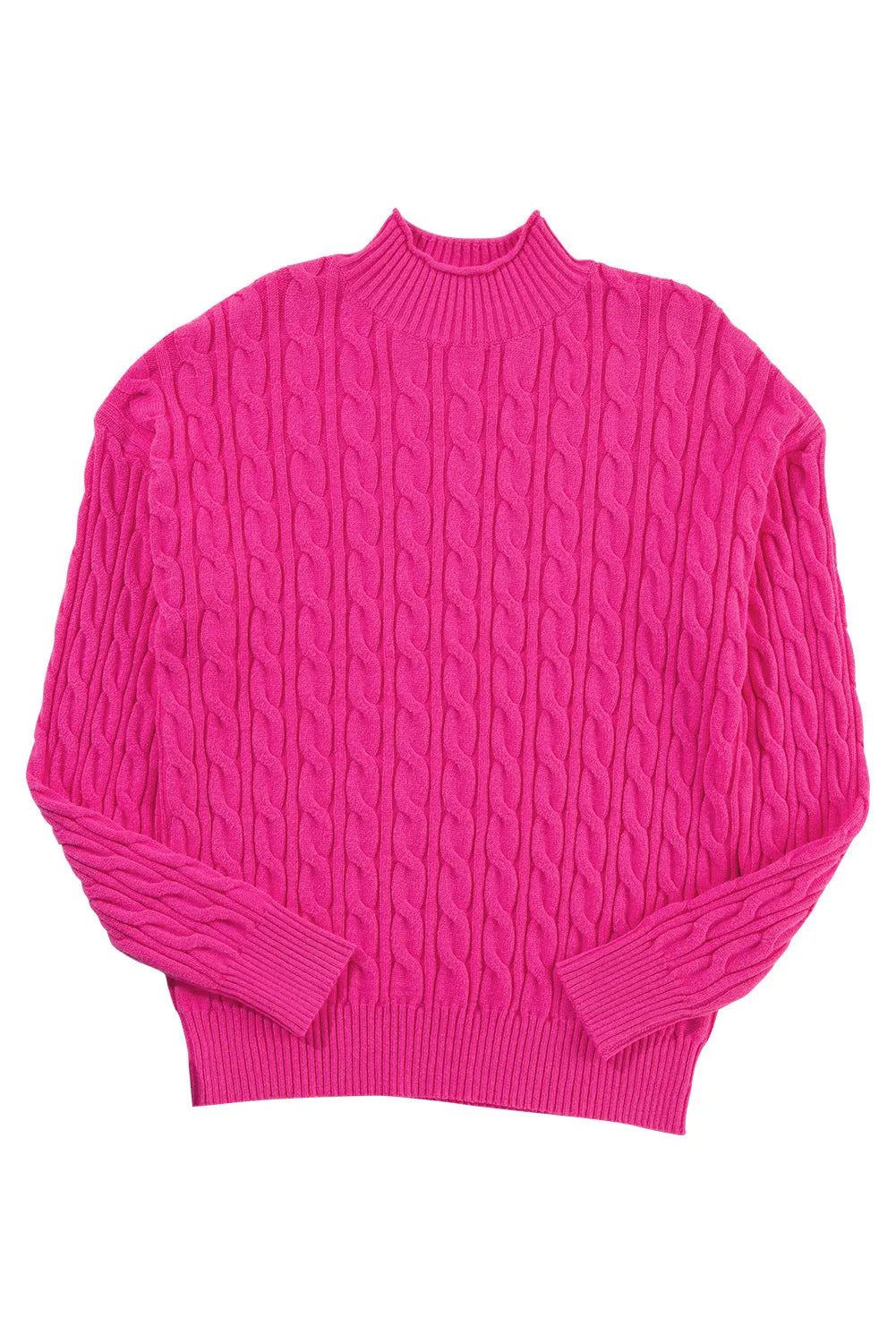 Rose Red Solid Cable Knit High Neck Drop Shoulder Sweater - Chic Meadow Boutique 