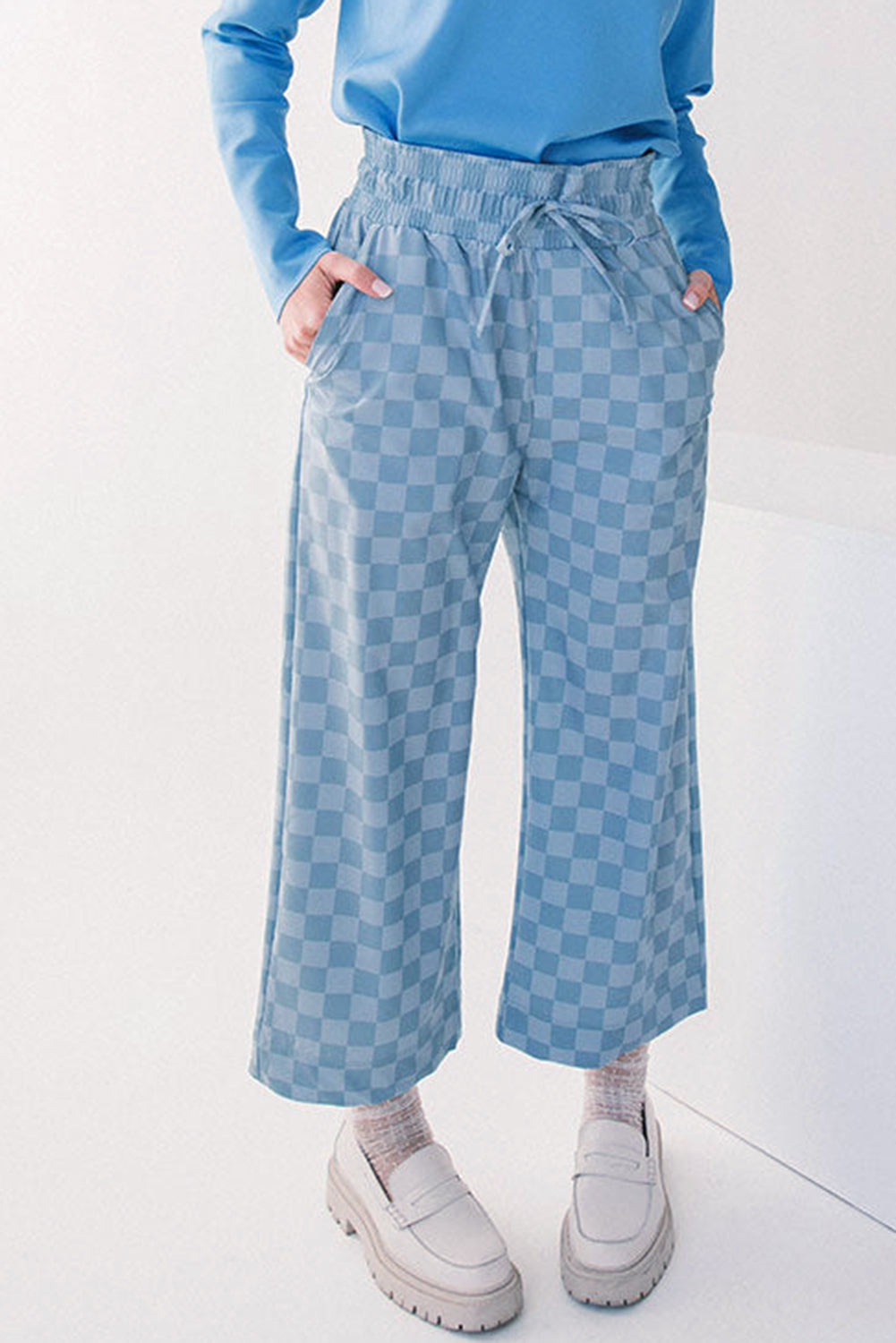 Sky Blue Checkered Elastic High Waist Loose Casual Pants