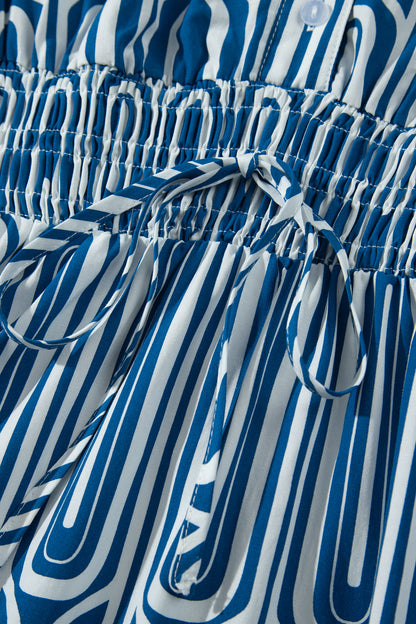 Blue Geometric Print Short Sleeve Drawstring Shirt Collar Dress