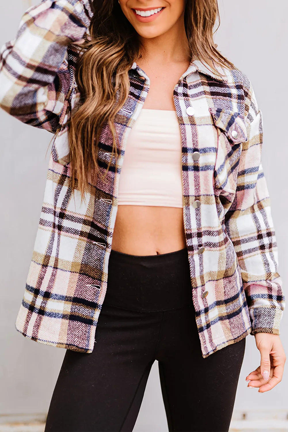 Pink Geometric Plaid Print Pocketed Shacket - Chic Meadow Boutique 