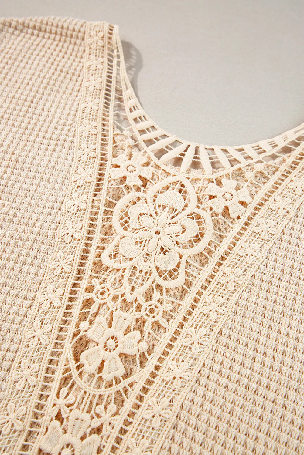 Beige Guipure Lace Insert Textured Plus Size Tee - Chic Meadow Boutique 