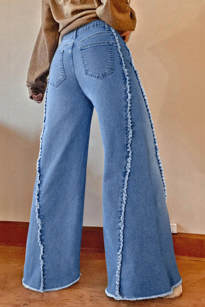 Beau Blue Vintage Stitching Raw Hem Flared Jeans - Chic Meadow Boutique 