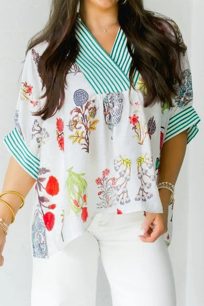Beige Floral Print Striped Contrast Trim V Neck Half Sleeve Blouse
