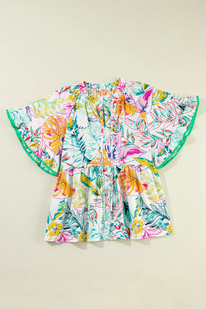 White Tropical Floral Print Ruffled Short Sleeve Blouse - Chic Meadow Boutique 