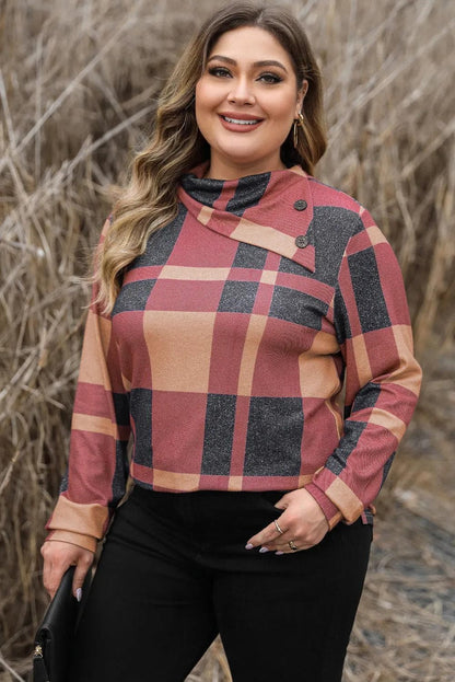 Plus Size/Plus Size Tops/Plus Size Long Sleeve Tops Mineral Red Plus Size Plaid Print Button Decor Asymmetric Neck Top