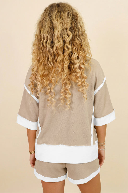 Beige Raw Edge Color Block Patchwork Oversize Tee Drawstring Loose Shorts 2pcs Set