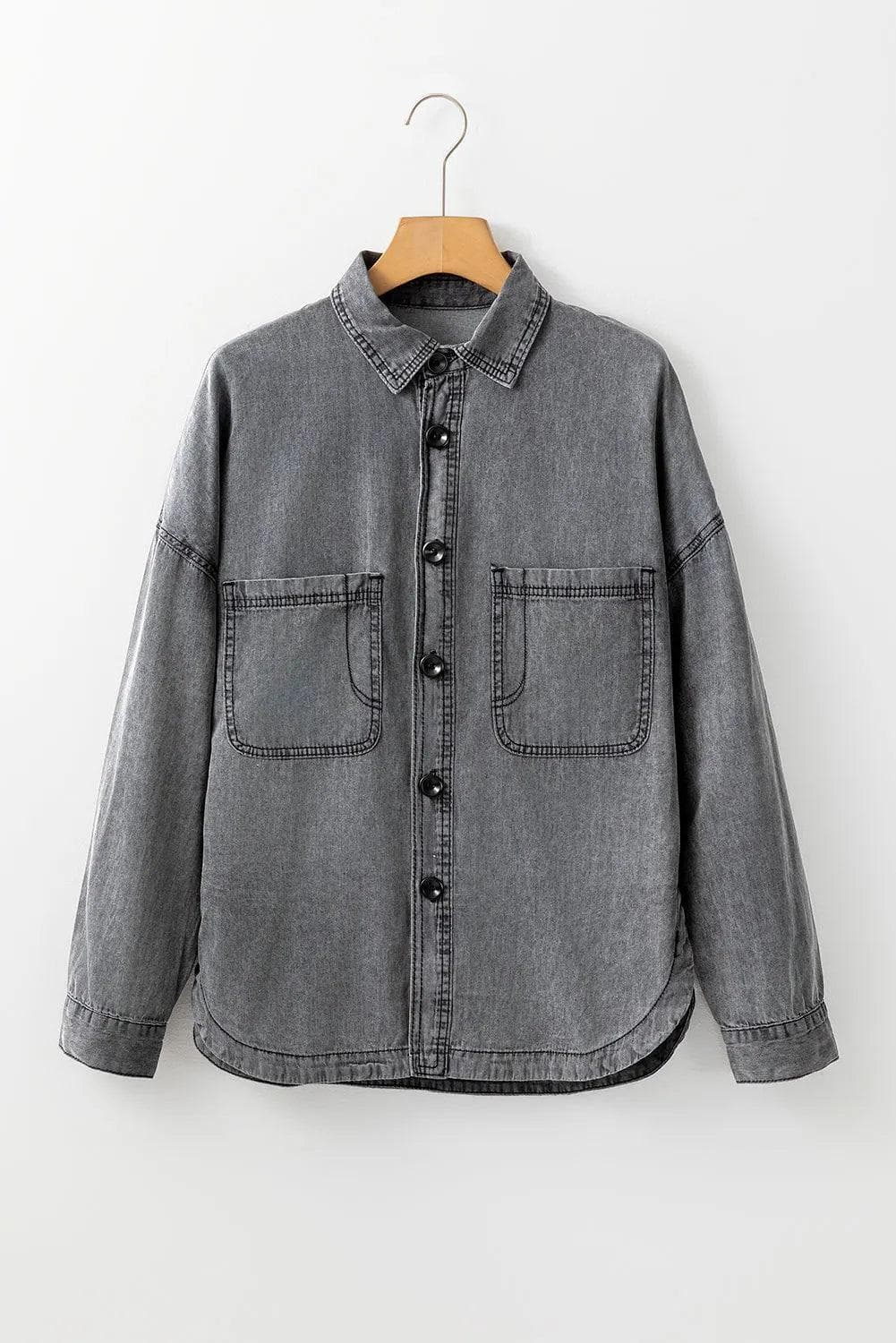 Outerwear/Denim jackets Medium Grey Mineral Wash Patched Pocket Split Denim Jacket