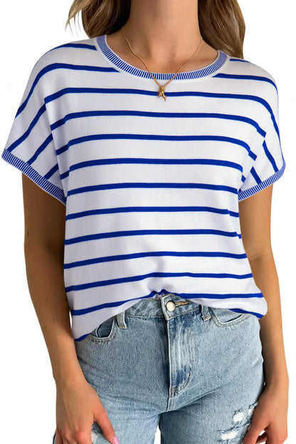 Sky Blue Stripe Knitted Bat Sleeve T Shirt - Chic Meadow Boutique 