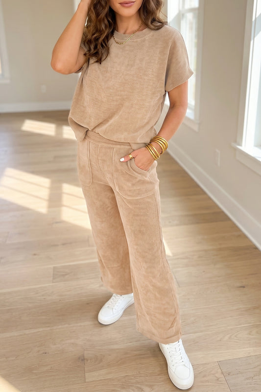 Light French Beige Solid Color Short Sleeve Corduroy Top Casual Pants 2pcs Set