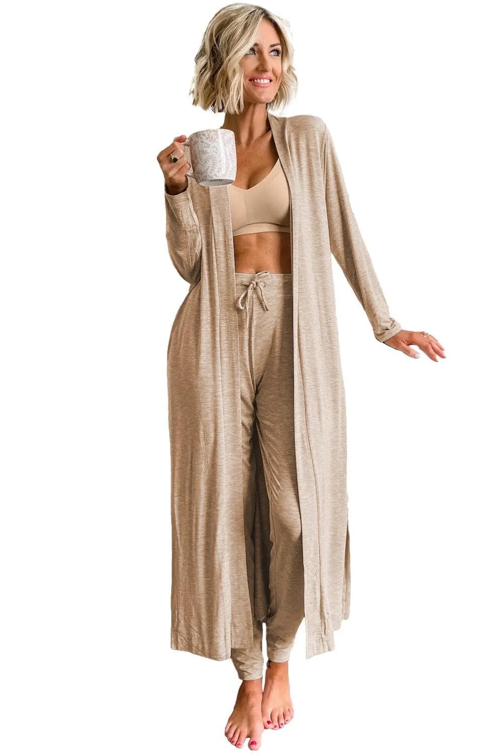 Loungewear & Sleepwear/Loungewear Parchment Split Long Cardigan and Skinny Pants Lounge Set