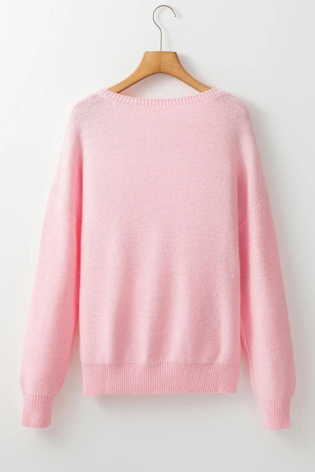 Sweaters & Cardigans/Sweaters Pink Knitted Flower Pattern Ribbed Edge Sweater