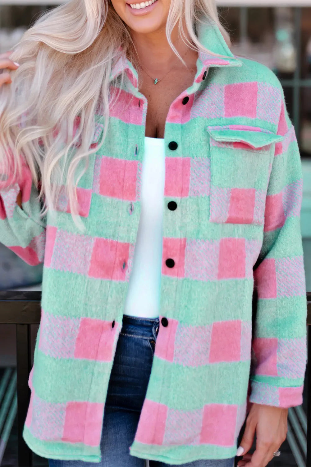 Pink Plaid Pattern Oversized Shacket - Chic Meadow Boutique 