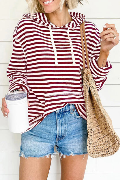 Burgundy Stripe Kangaroo Pocket Drawstring Hoodie - Chic Meadow Boutique 