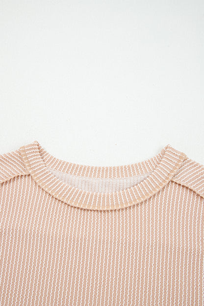 Parchment Twist Ribbed Exposed Seam Detail Long Sleeve Loose Top