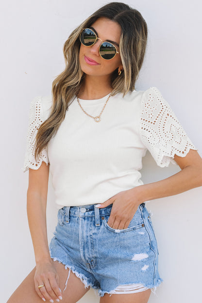 White Eyelet Pattern Short Sleeve Patchwork Ribbed Top