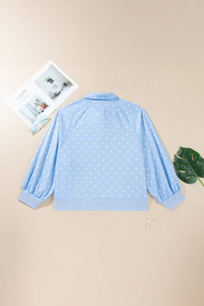 Sky Blue Polka Dot V Neck Metal Button Long Sleeve Shift Plus Size Sweatshirt