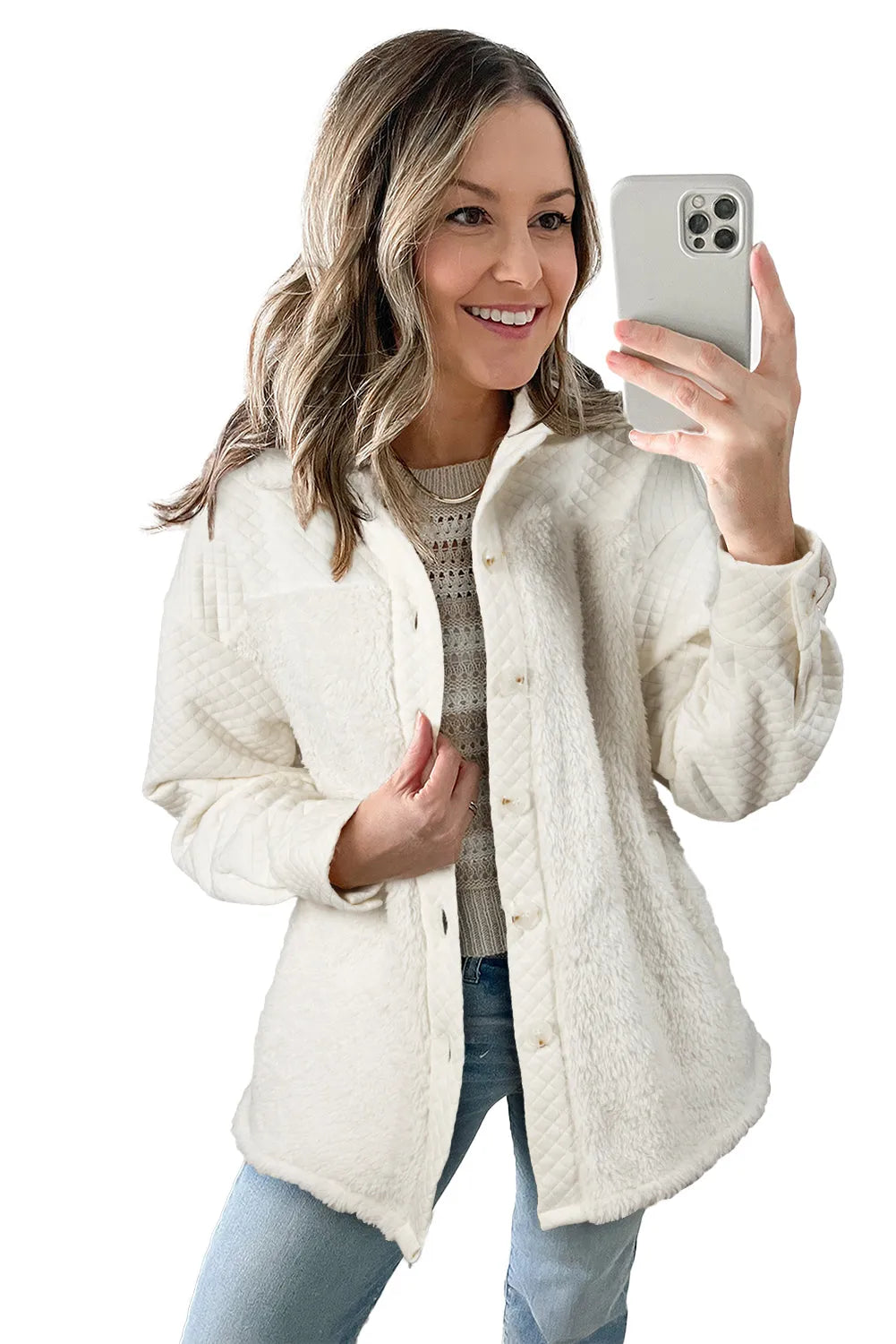 White Solid Color Quilted Sherpa Patchwork Button Up Shacket - Chic Meadow Boutique 