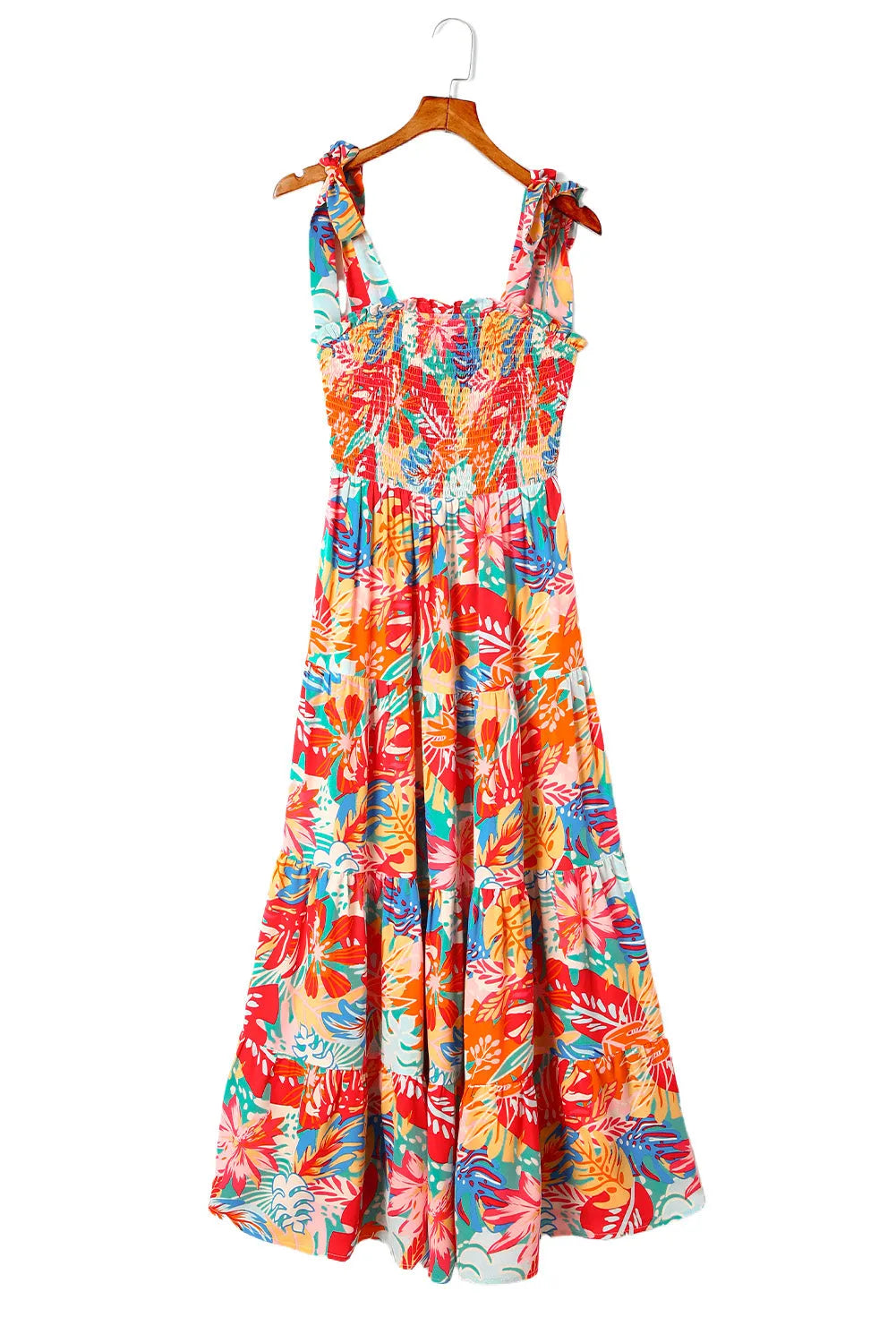 Multicolor Vibrant Tropical Print Smocked Ruffle Tiered Maxi Dress - Chic Meadow Boutique 