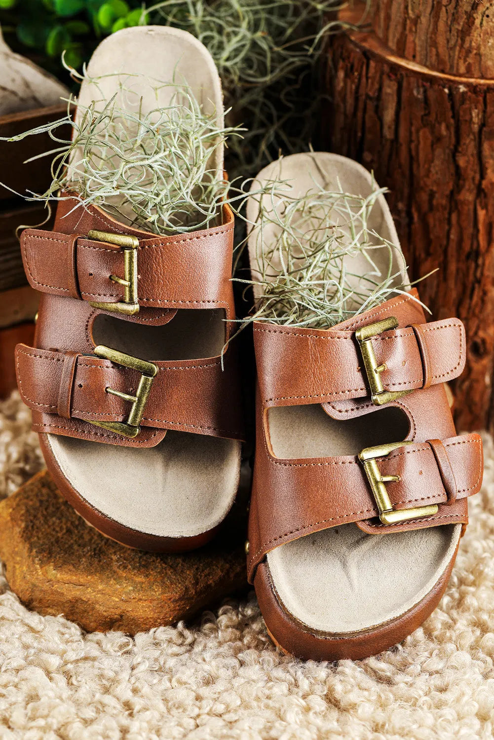 Chestnut Dual Buckle Studded Platform Sandal Slippers - Chic Meadow Boutique 