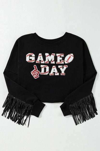 Black GAME DAY Rugby Sequined Tasseled Cropped Sweatshirt - Chic Meadow Boutique 