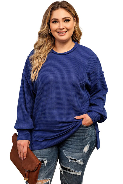 Blue Plus Size Waffle Knit Oversized Exposed Seam Top - Chic Meadow Boutique 