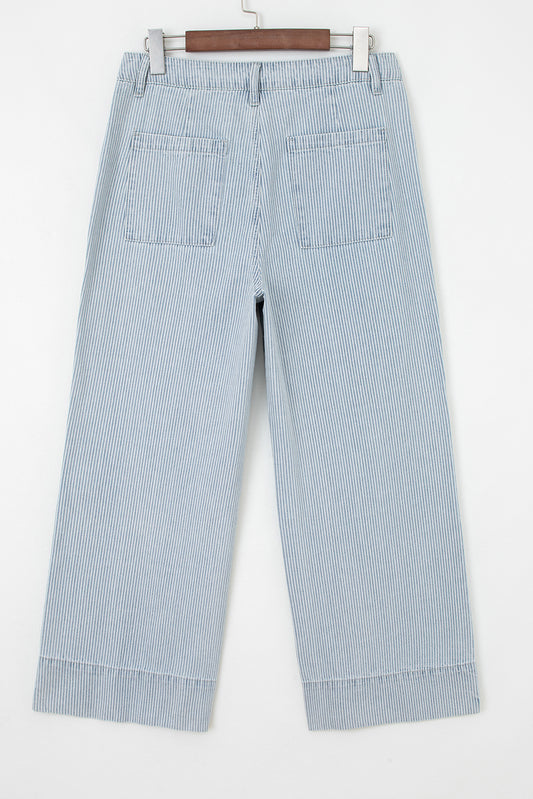 Sky Blue Stripe Button Flap Pocket Cuffed Hem Wide Leg Jeans