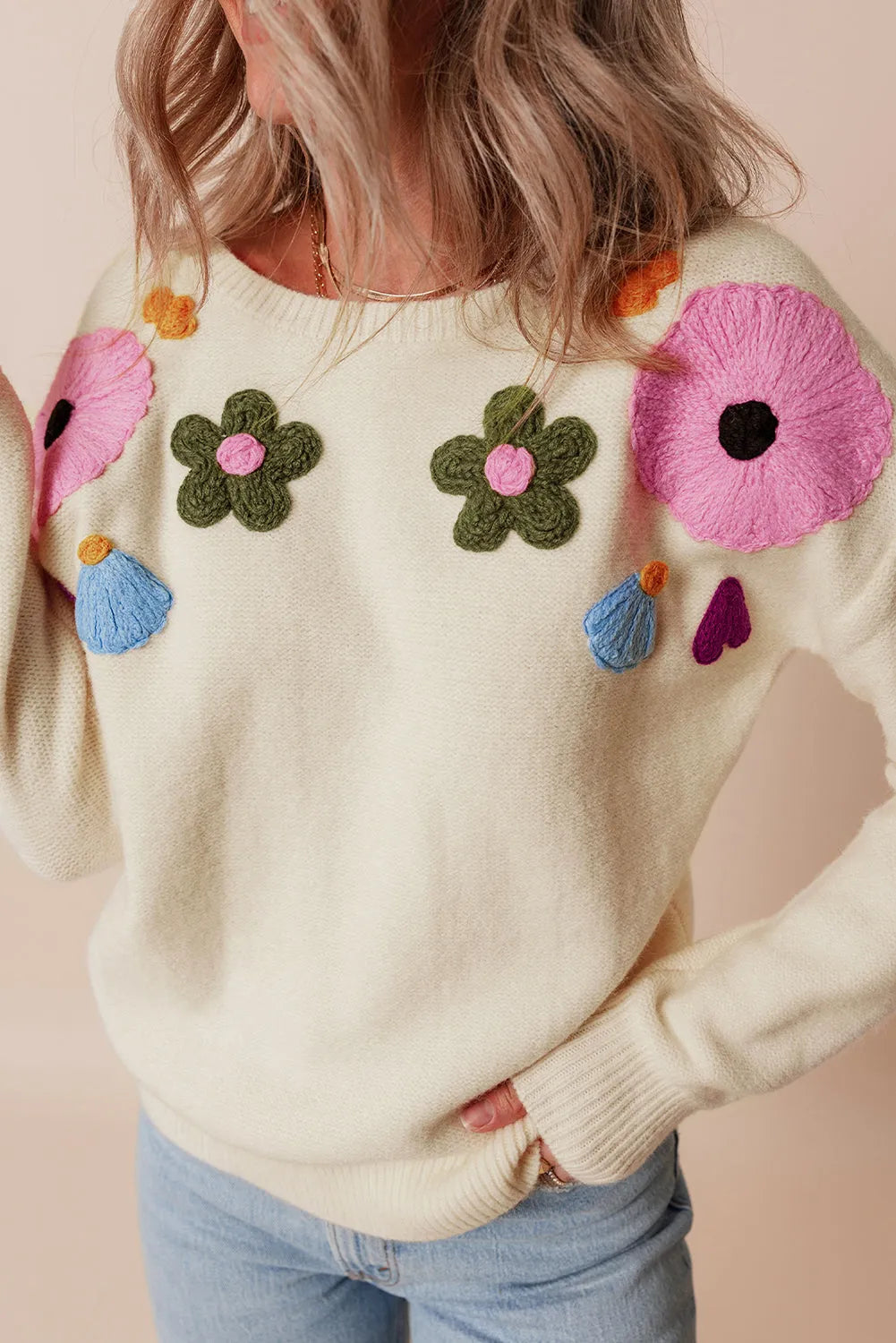 Beige Knitted Flower Pattern Ribbed Edge Sweater - Chic Meadow Boutique 