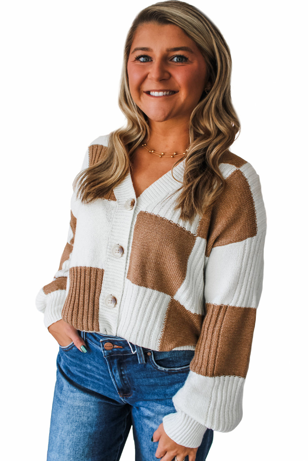 Khaki Checkered Pattern Ribbed Detail Button V Neck Sweater Cardigan