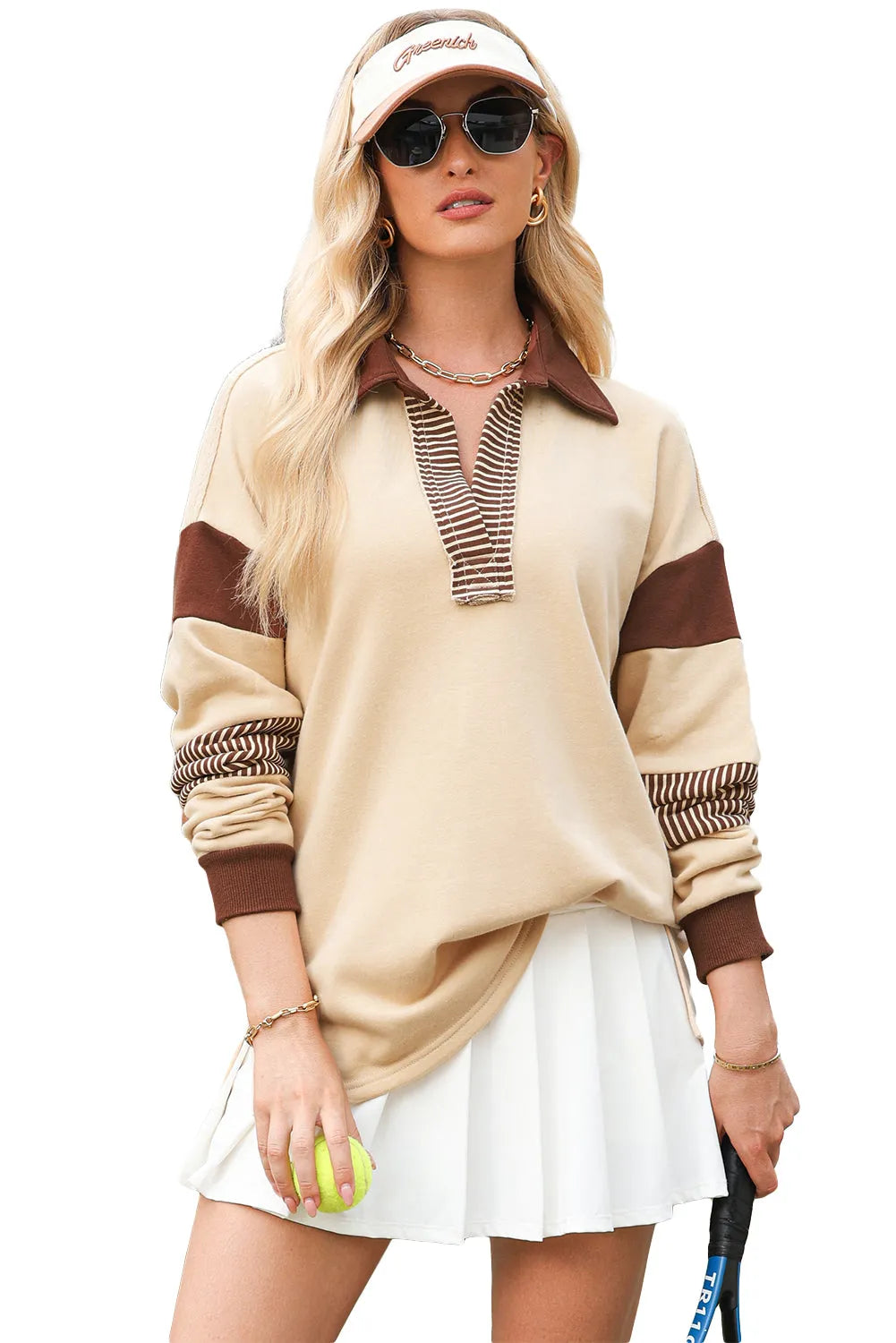 Light French Beige Striped Colorblock Patchwork Collar Sweatshirt - Chic Meadow Boutique 