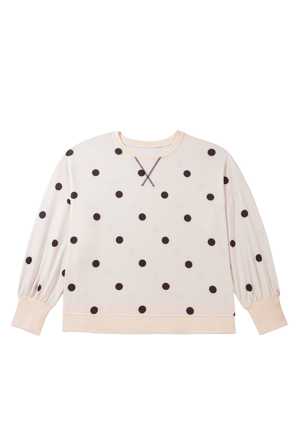 Beige Round Neck Long Sleeve Polka Dot Plus Size Top