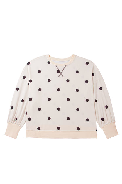 Beige Round Neck Long Sleeve Polka Dot Plus Size Top