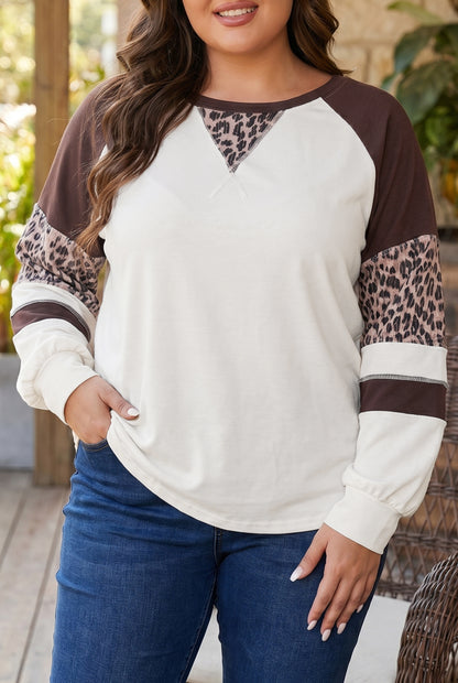Beige Leopard Print Colorblock Round Neck Long Sleeve Plus Size Blouse
