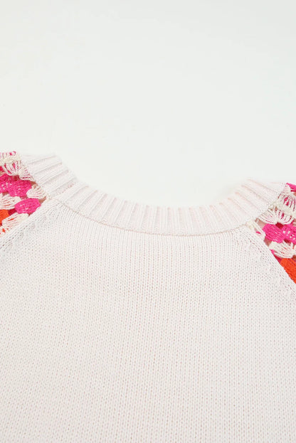 Rose Crochet Puff Sleeve Contrast Knit Sweater - Chic Meadow Boutique 