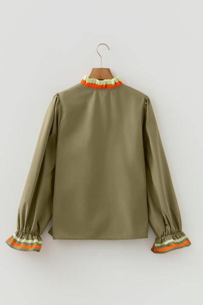 Four Leaf Clover Striped Trim Ruffle Split Neck Long Sleeve Blouse