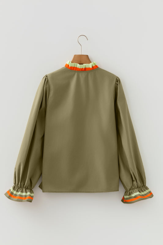 Four Leaf Clover Striped Trim Ruffle Split Neck Long Sleeve Blouse