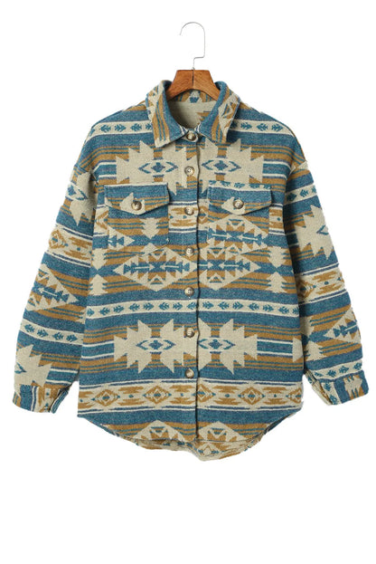 Blue Western Aztec Print Button Flap Pocket Shacket - Chic Meadow Boutique 