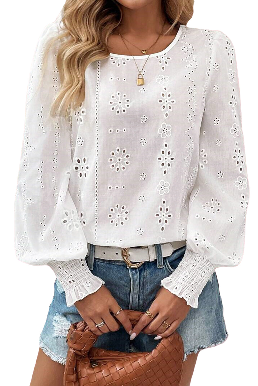 White Eyelet Embroidered Smocked Cuff Sheer Blouse