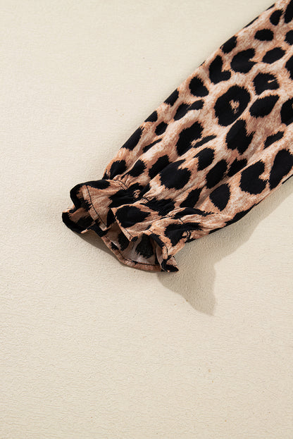 Brown Leopard Print Smocked Detail Flowy Midi Dress