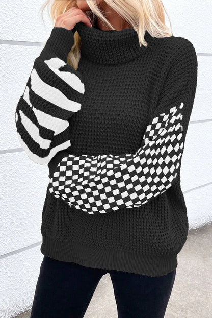 Black Striped Plaid Patchwork Waffle Knit Turtleneck Sweater - Chic Meadow Boutique 