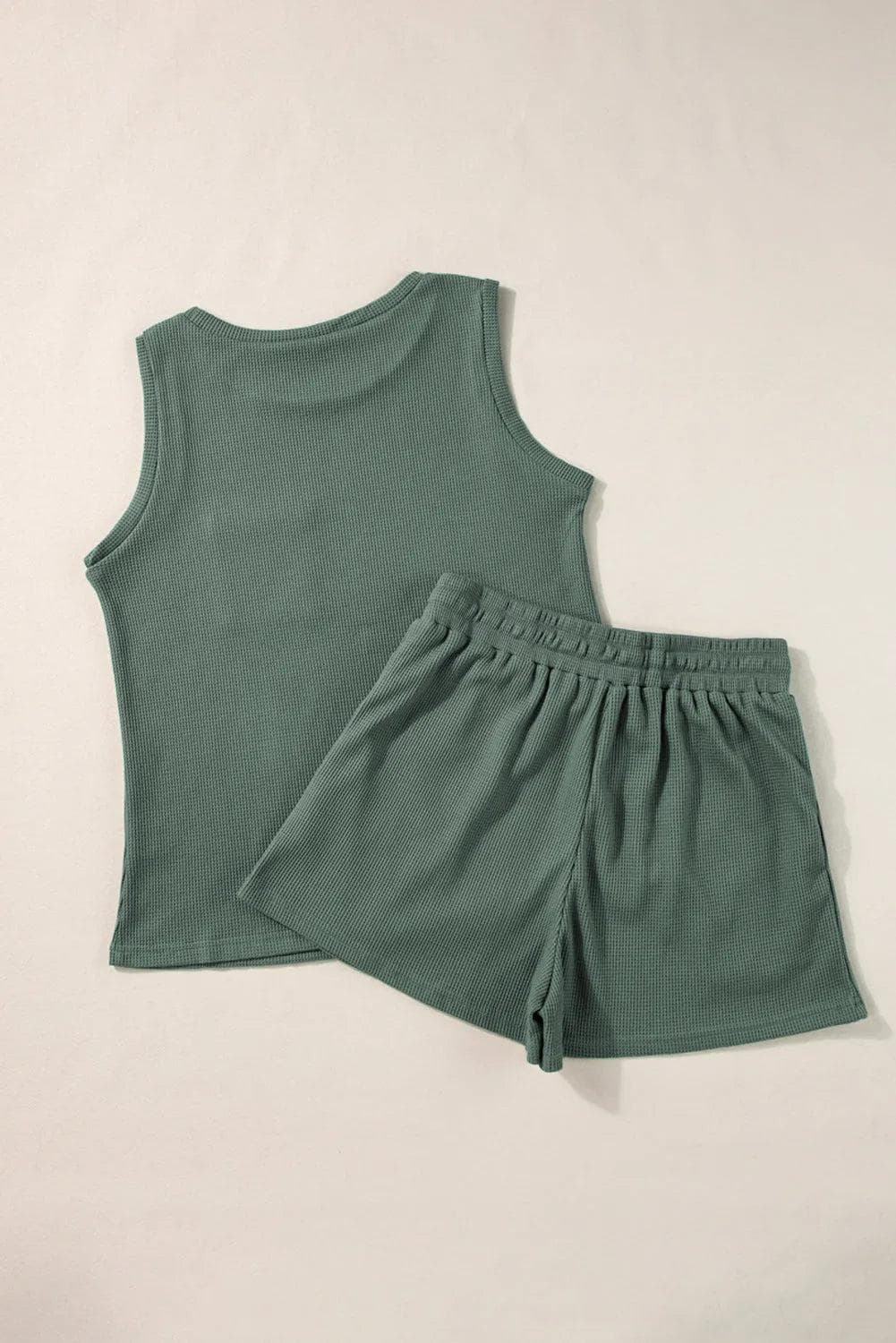 Two Piece Sets/Short Sets Mist Green Waffle Knit Patched Pocket Tank and Drawstring Shorts Set