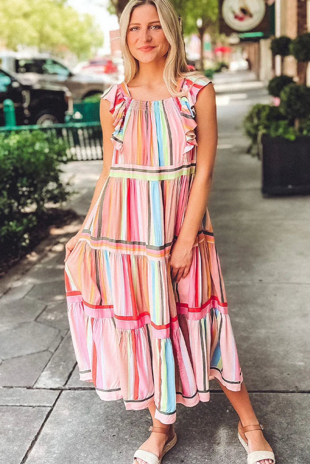 Pink Rainbow Stripe Ruffles Ruched Tiered Dress - Chic Meadow Boutique 