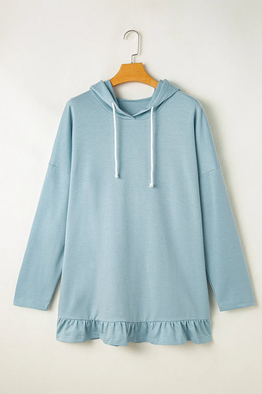 Iceland Blue Solid Ruffled Hem Loose Fit Tunic Hoodie - Chic Meadow Boutique 